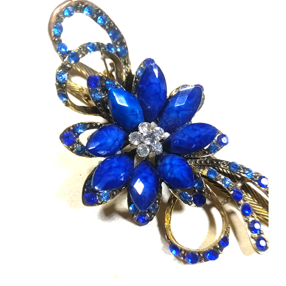Royal Blue Hair Barrette Clip Floral Blue Rhinestone Gold Tone Elegant... - Picture 4 of 7
